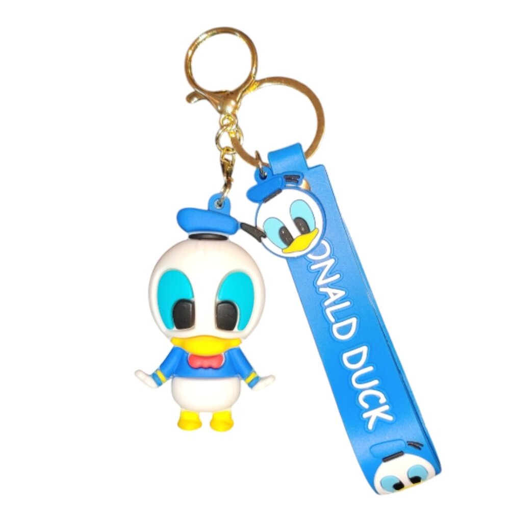 Donald Duck Keychain Bag Charm with Blue Name Tag gold tone hardware NWT